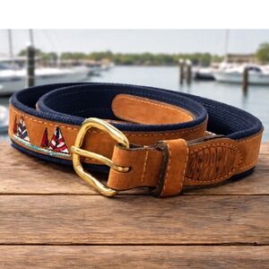 Zeppelin Mens Belt Size 40 Brown Navy Sailboat Embroidered Brass Buckle Made USA